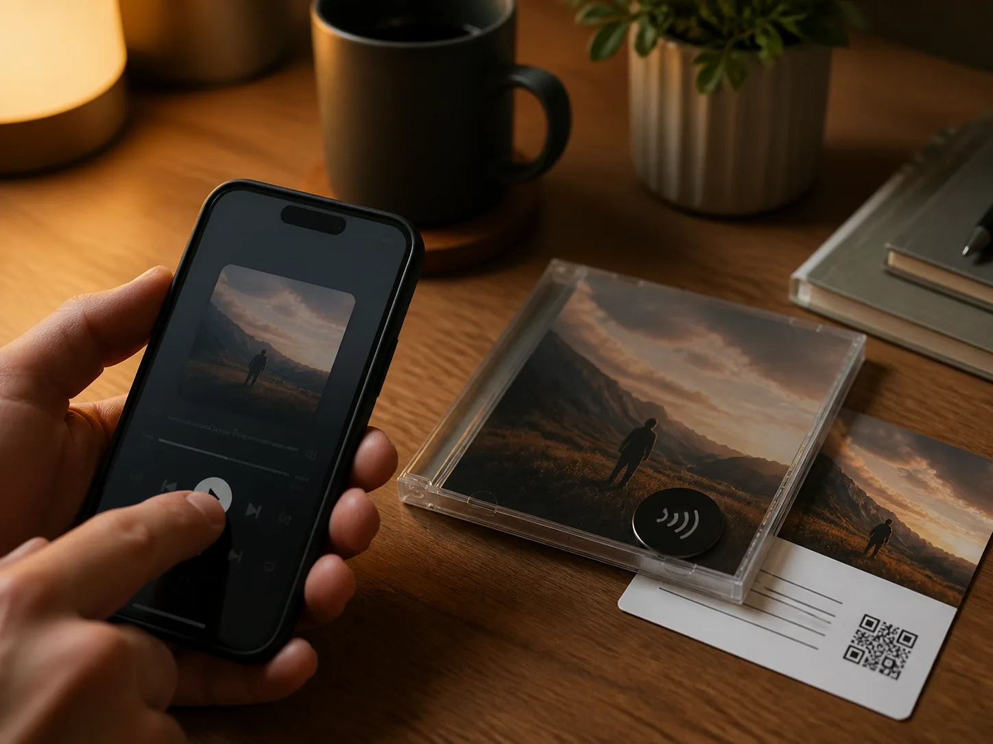 Teléfono leyendo una ficha NFC en un CD